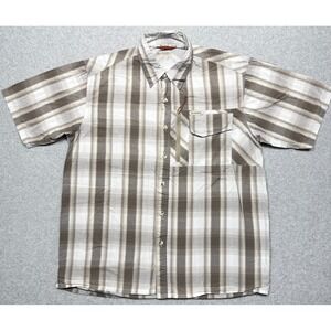 Simms Shirt Mens Large Beige‎ Brown Stripe Short Sleeve Lightweight Outdoor *